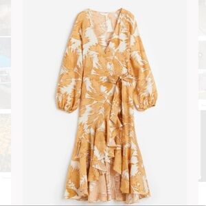 NEW! H&M Yellow Balloon Sleeve Floral Wrap Dress Sz S